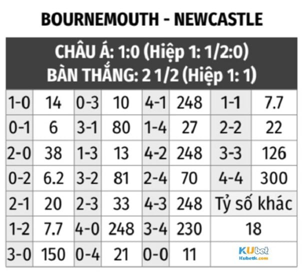Nhận định soi kèo Bournemouth vs Newcastle 12/2 vào lúc 00h30 5 Tỷ lệ nhà cái Kubet